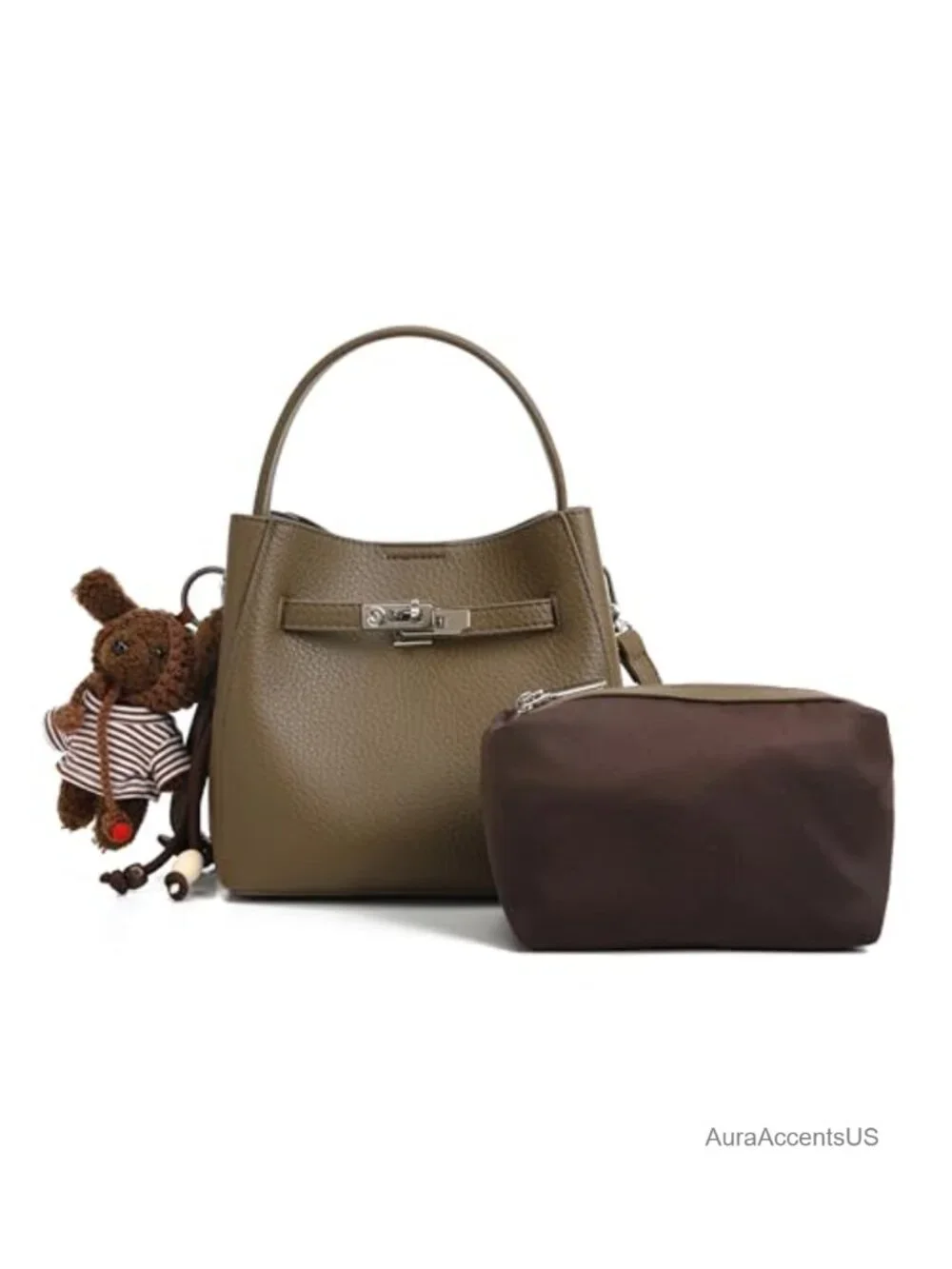 Pebbled Leather Small Crossbody Bag with Lock Accent, Top Handle Satchel Tote